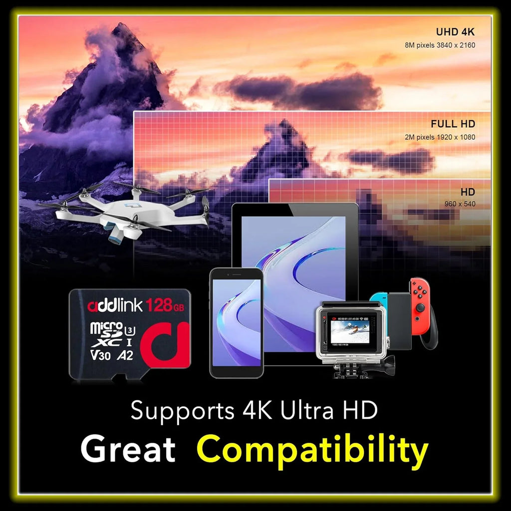 addlink roSDXC 128GB 2-Pack + Adapter UHS-1 U4 V30, suitable for Android Smartphones, Camera, Dash Cam Tablets, Go