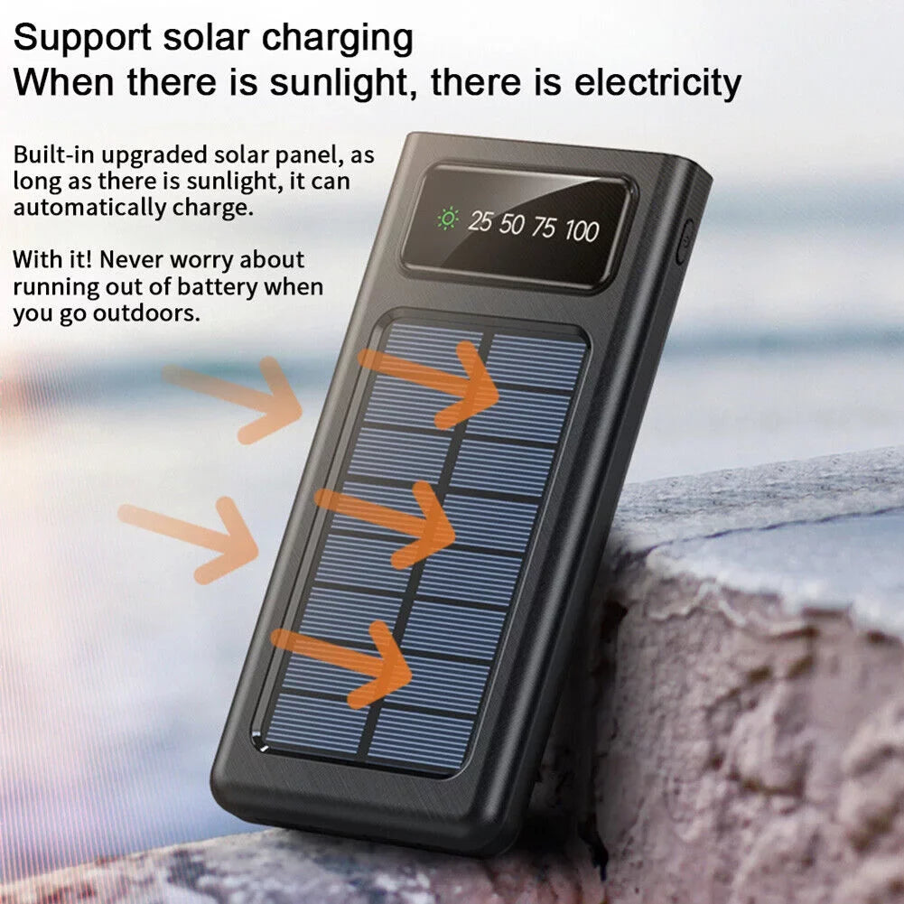 Solar Power Bank 20000Mah Built In 4 Cables Portable Charger W Dual LED Flash