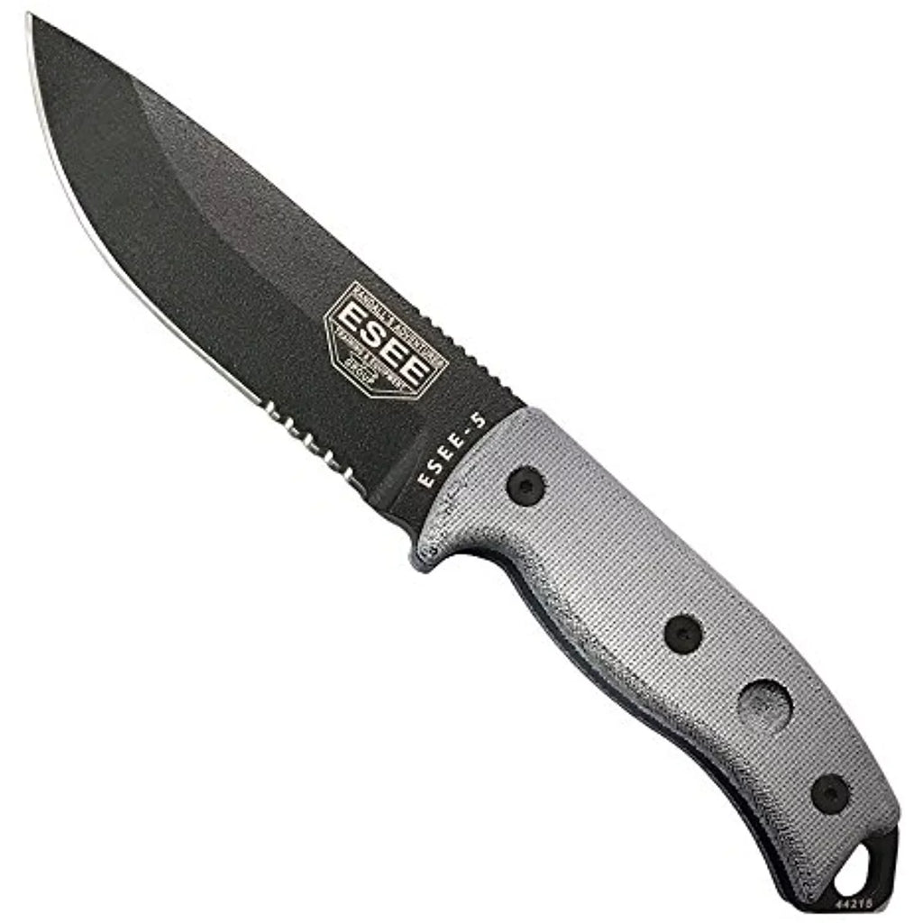 ESEE 5S-E Fixed Blade Knife Black Serrated 1095 Carbon Steel & Natural Micarta Knives
