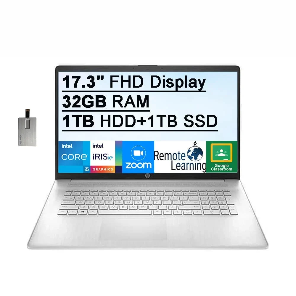 2021 17.3" FHD IPS 250 Nits Laptop Computer,  Core i5-1155G7 Processor, 32GB RAM, 1TB HDD+ 1TB SSD, Backlit Keyboard,  Iris Xe Graphics, HD Webcam, HD Audio, Win11, Silver, 32GB USB Card