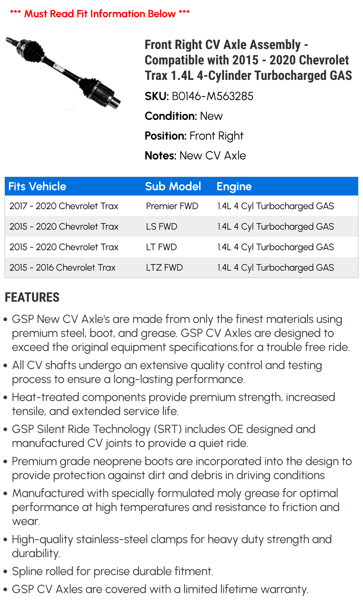 Front Right CV Axle Assembly - appropriate with 2015 - 2020 Chevy Trax 1.4L 4-Cylinder Turbocharged GAS 2016 2017 2018 2019