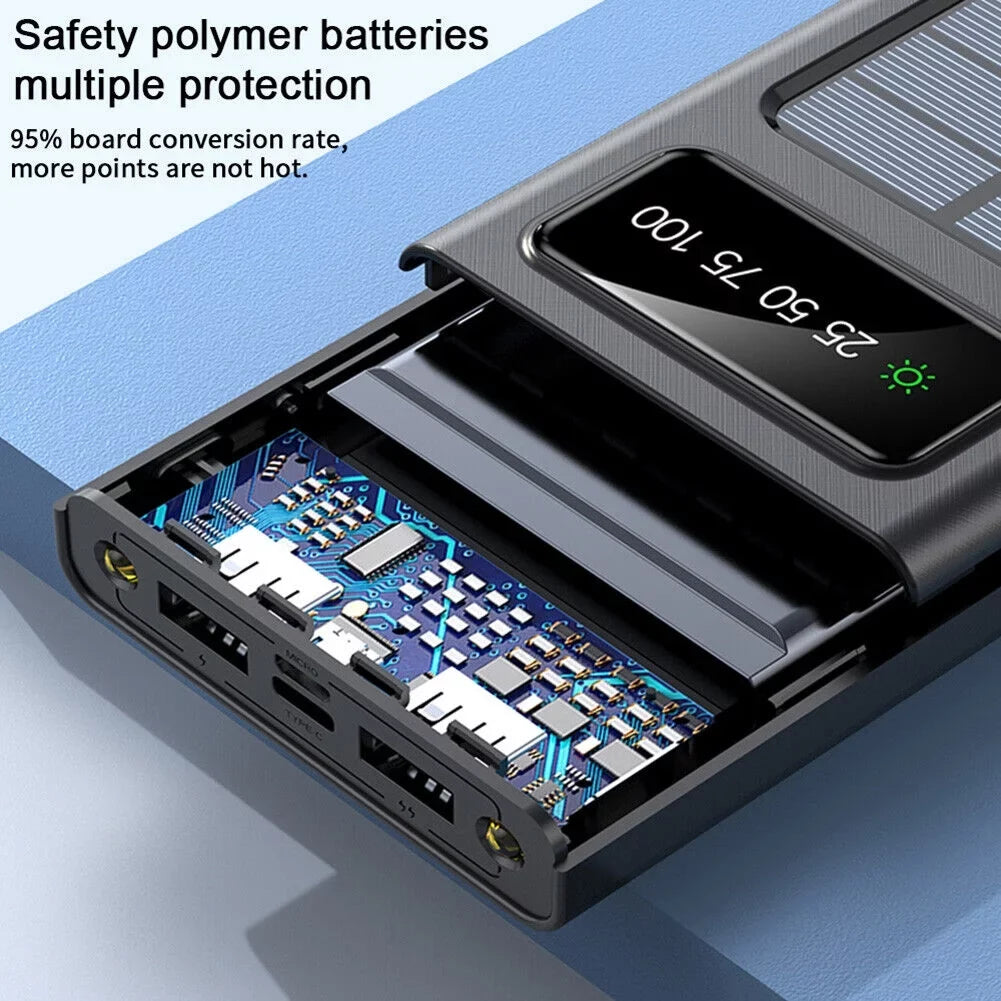 Solar Power Bank 20000Mah Built In 4 Cables Portable Charger W Dual LED Flash