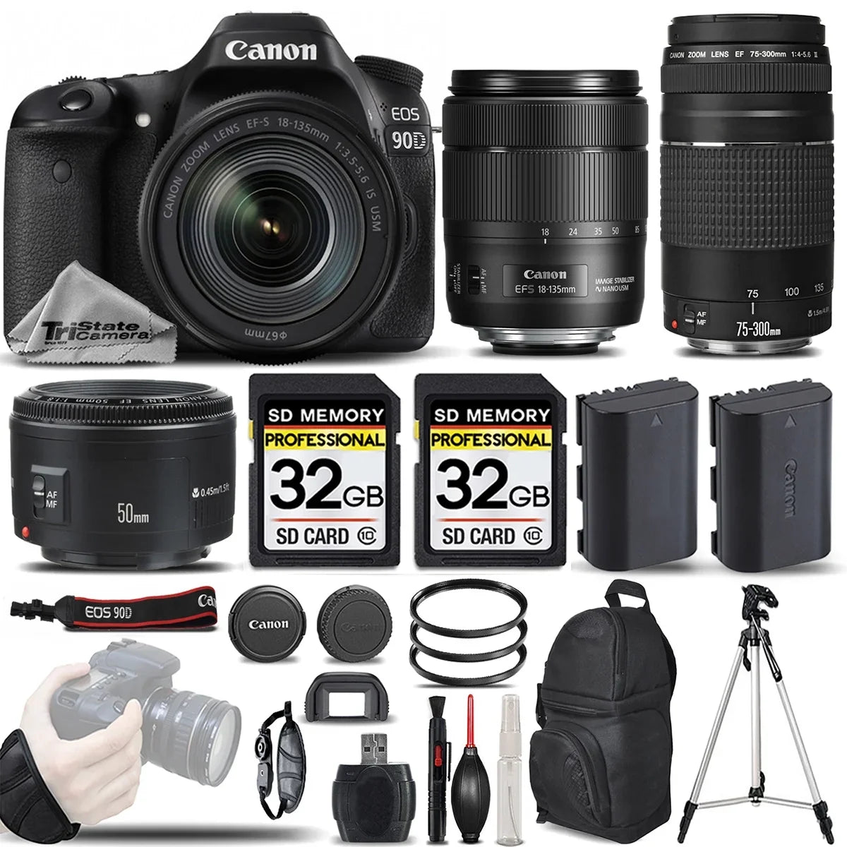 All Original Accessories Included.  EOS 90D Wi-Fi Full HD 4K30p  Digital SLR Camera +  18-135mm IS USM Lens +  75-300mm III Lens +  50mm 1.8 II Lens