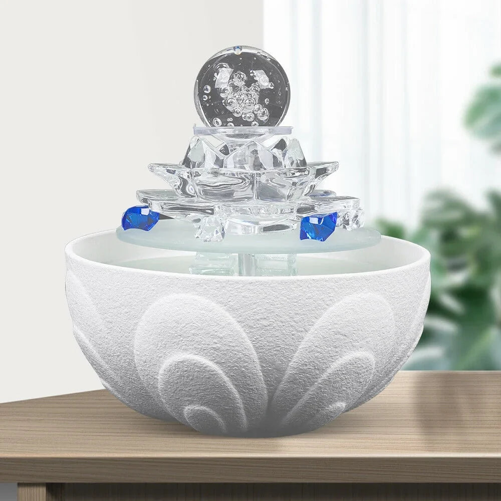 Desktop moisture Fountain, Teahouse Desktop White Crystal Lotus Fountain Ornament Flowing liquid Decor Office Waterfall Tabletop Fountain