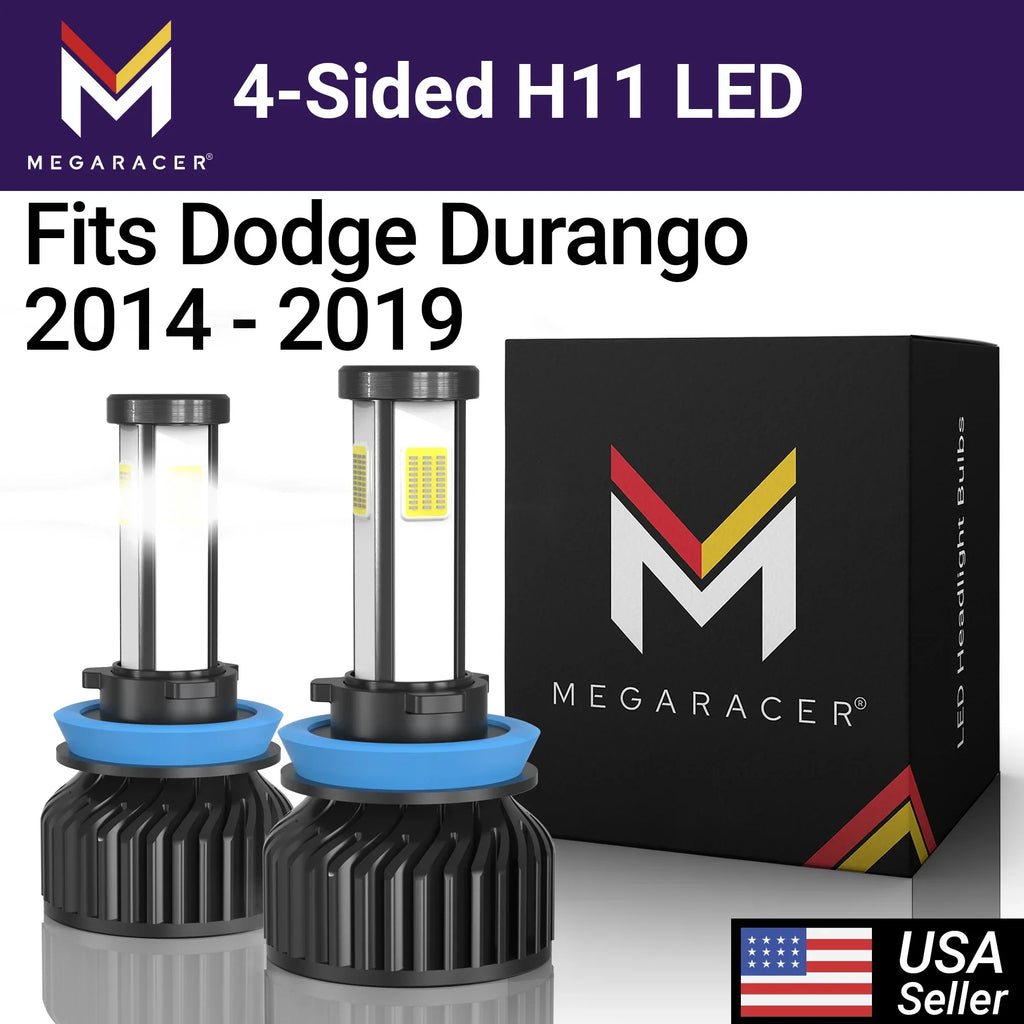 Mega Racer Dodge Durango 4 Sided H11 H9 H8 LED Headlight Bulbs 6000K Diamond White 12V 60W 10000LM Dodge Durango 2014 2015 2016 2017 2018 2019 13 14 15 16 17 18 19 Fog Light Automotive Replacement