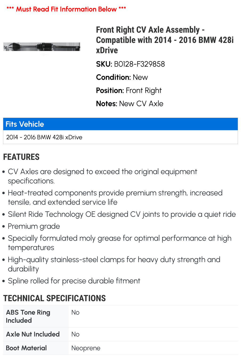 Front Right CV Axle Assembly - matching with 2014 - 2016  428i xDrive 2015