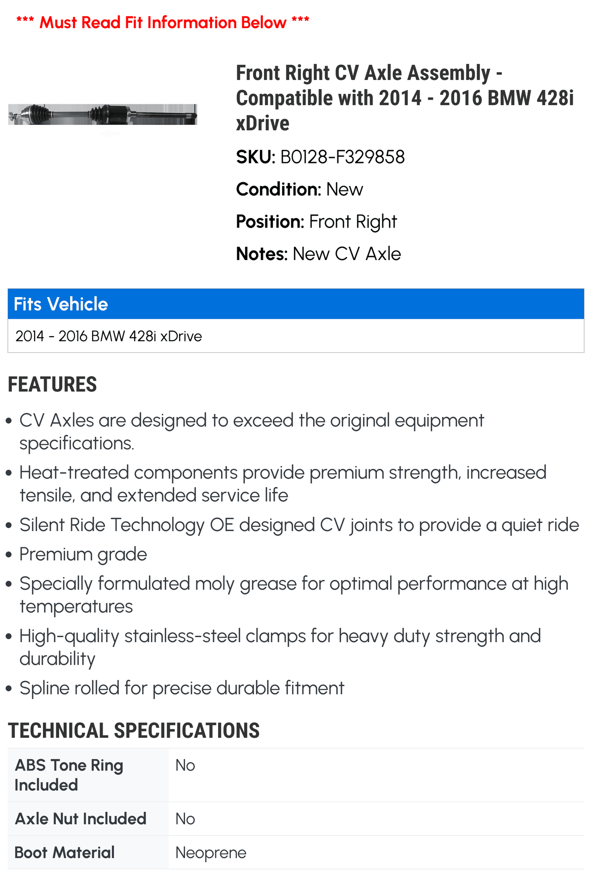 Front Right CV Axle Assembly - matching with 2014 - 2016  428i xDrive 2015