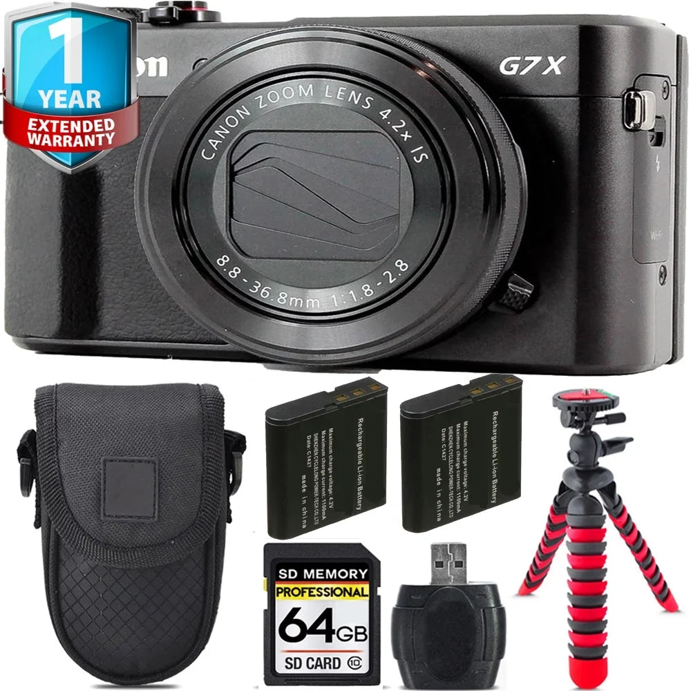 PowerShot G7 X Mark II Camera + Extra Battery +Tripod + 1 Yr Warranty -64GB Kit