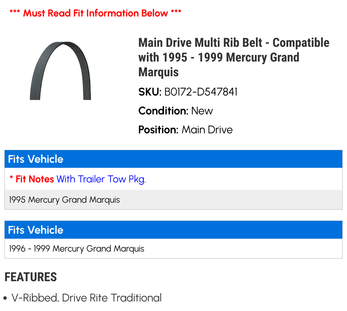 Main Drive Multi Rib Belt - suitable with 1995 - 1999 Mercury Grand Marquis 1996 1997 1998