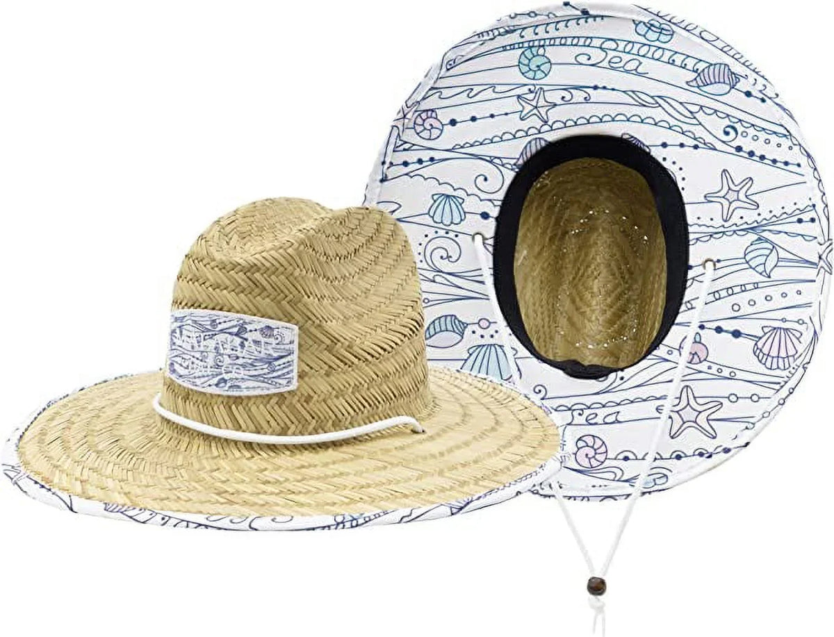 Shells Kids Fabric Pattern Print Straw Children's Sunhat, Boy & Girl, Ages 3+, Lifeguard Hat, Beach, Swim, Cruise, Paddle Board, vessel, Fishing, Fits All, Malabar Hat