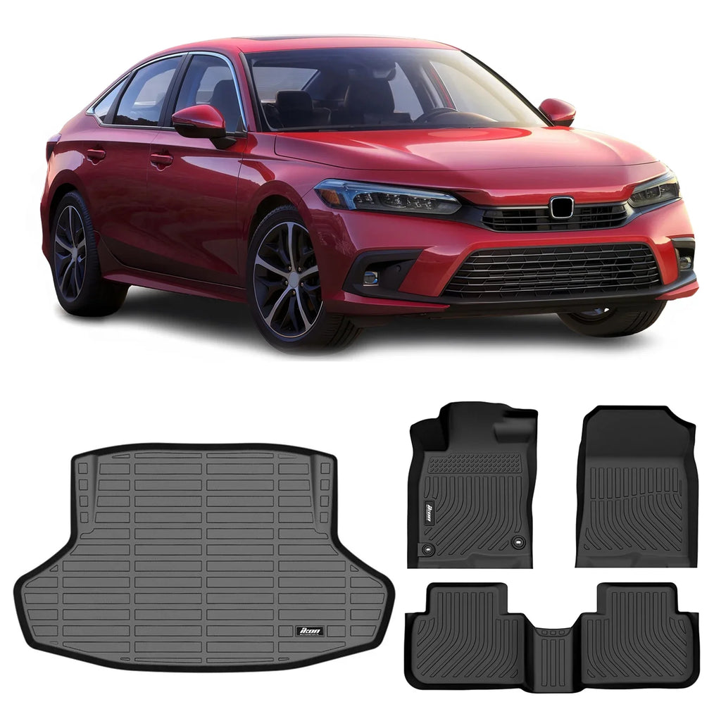 Ikon Motorsports 3D TPE Floor Mats + Trunk Mat, matching with 2022-2024 Honda Civic Black All climate Waterproof Anti-Slip Floor Liners Front & 2nd Row Full Set Interior Storage shield Accessories