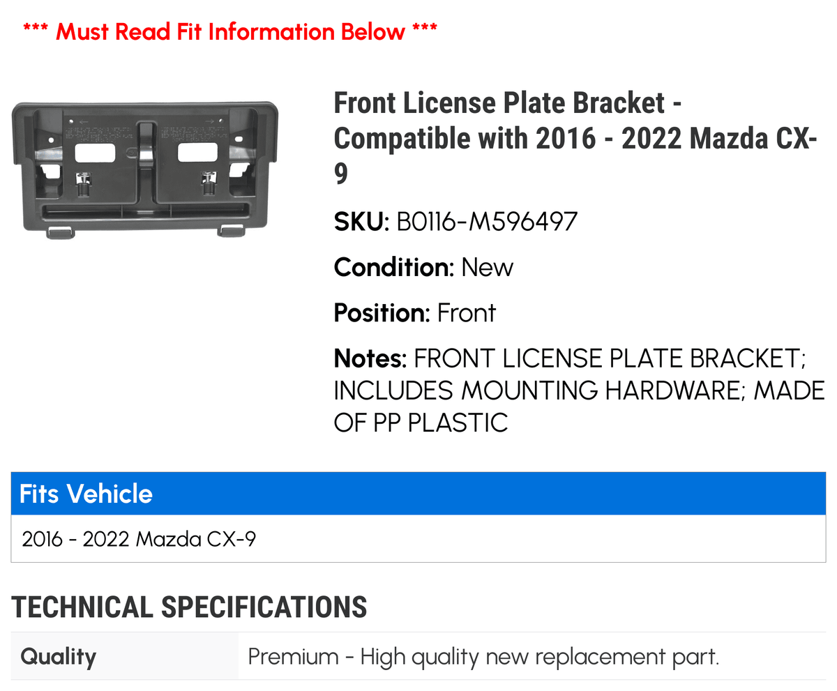 Front License Plate Bracket - matching with 2016 - 2022 Mazda CX-9 2017 2018 2019 2020 2021