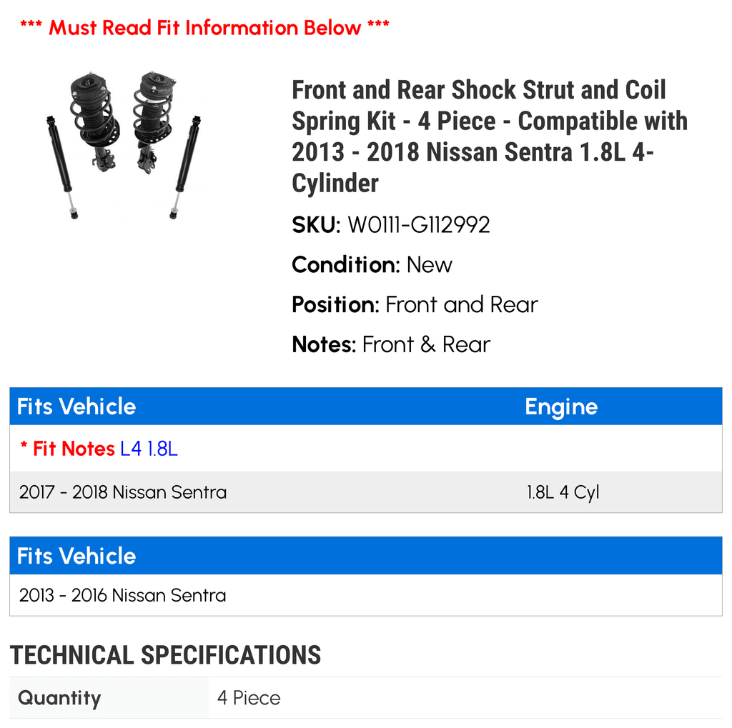 Front and Rear Shock Strut and Coil Spring Kit - 4 Piece - matching with 2013 - 2018 Nissan Sentra 1.8L 4-Cylinder 2014 2015 2016 2017