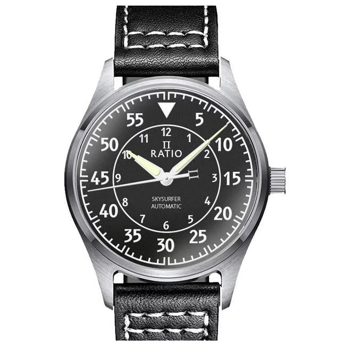 Skysurfer Pilot Black Textured Dial Leather Automatic 200M Mens Watch, Blue