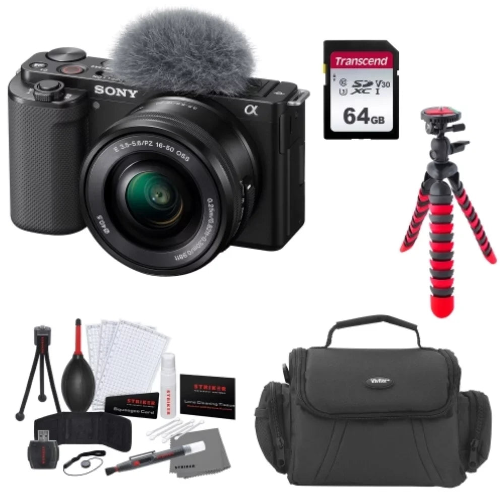 ZV-E10 Mirrorless Camera |16-50mm Lens (Black) Bundle with Transcend 64GB Memory Card + Flexible Tripod + Camera Bag + Cleaning Kit (5 Items)
