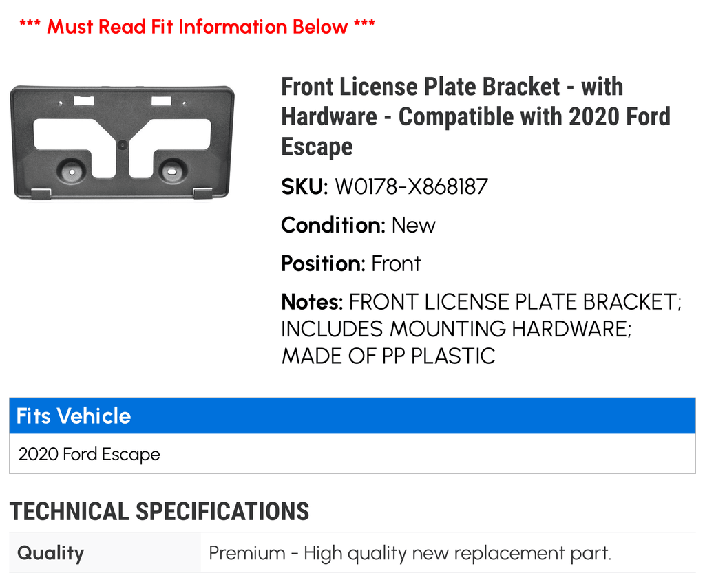 Front License Plate Bracket - with Hardware - appropriate with 2020  Escape 2021 2022