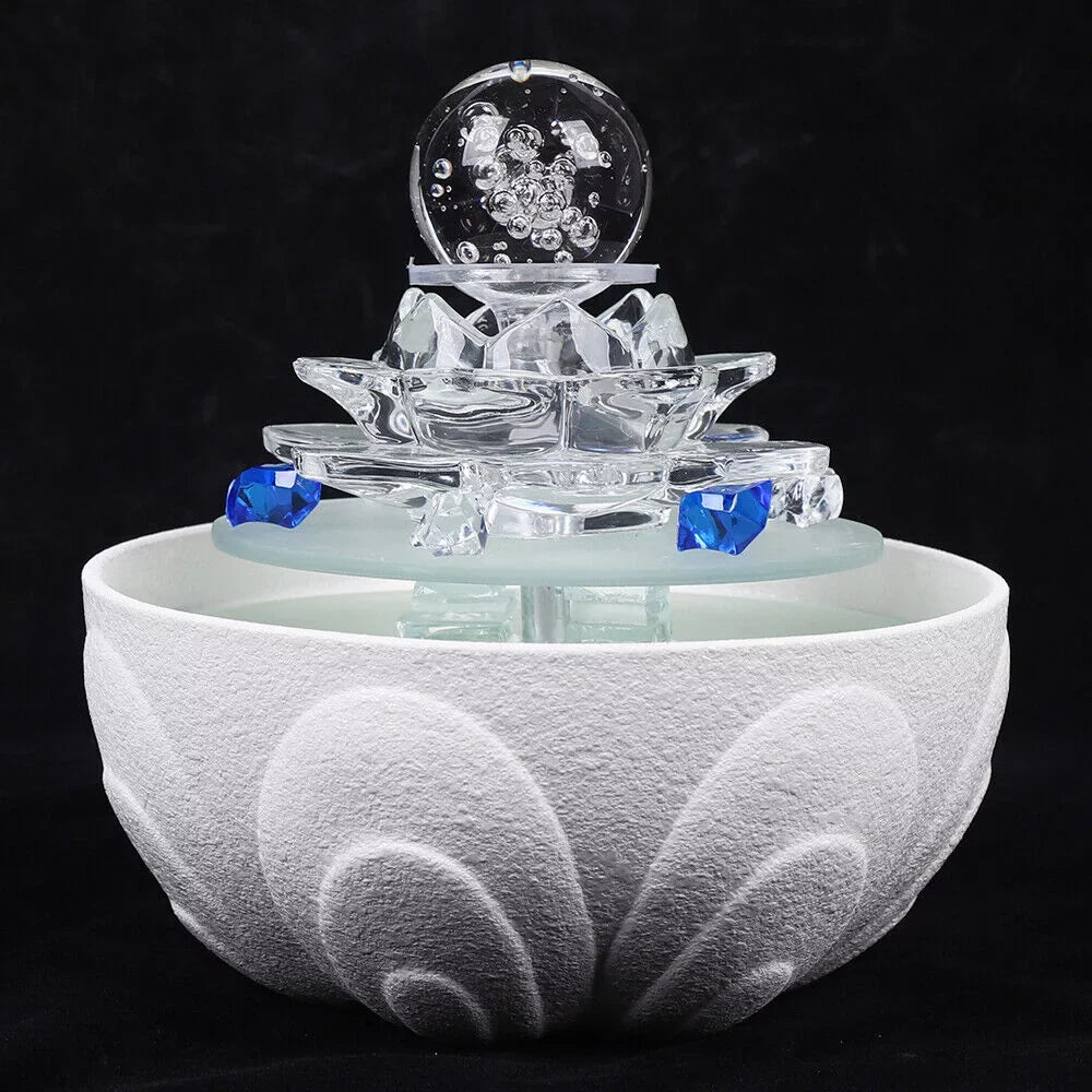 Desktop moisture Fountain, Teahouse Desktop White Crystal Lotus Fountain Ornament Flowing liquid Decor Office Waterfall Tabletop Fountain