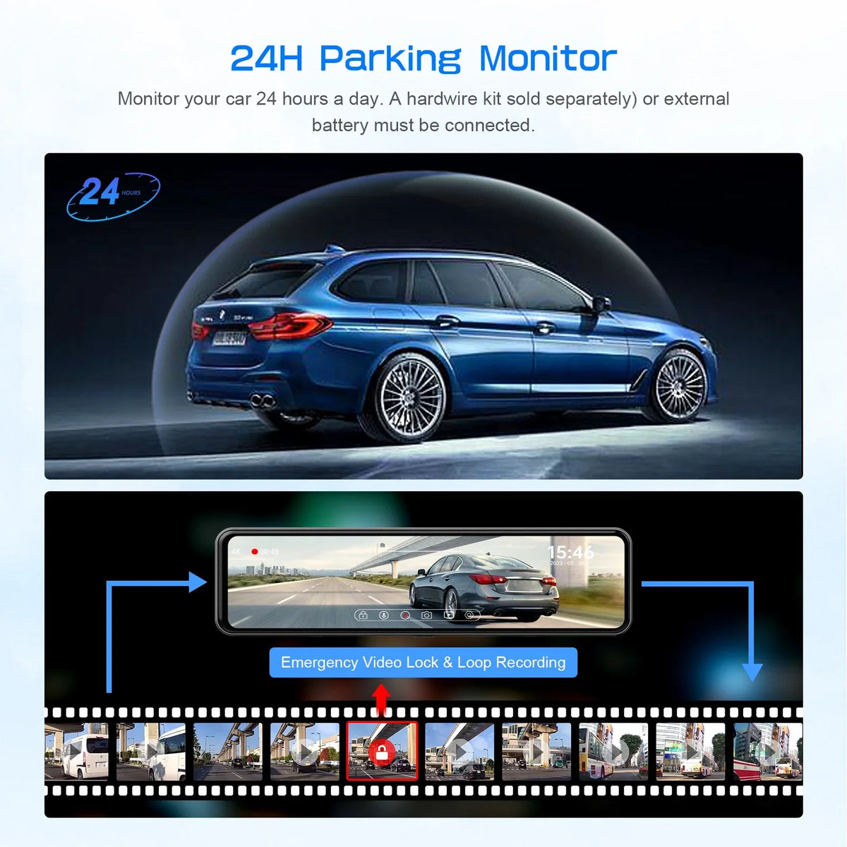 JOMISE 11" Rear View Mirror Camera Dash Cam 4K Front and Rear Split Screen GPS 32G Card 24H Parking Monitor