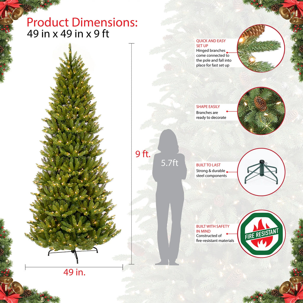 Pre-lit Slim Fraser Fir Artificial Christmas Tree 800 UL listed Clear Lights. 9 ft