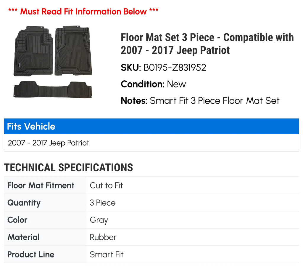 Floor Mat Set 3 Piece - suitable with 2007 - 2017 Jeep Patriot 2008 2009 2010 2011 2012 2013 2014 2015 2016