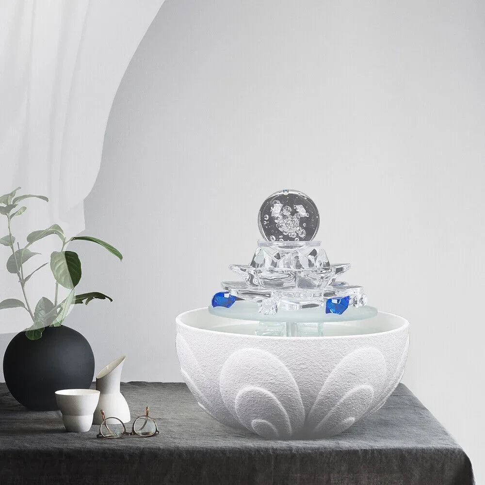Desktop moisture Fountain, Teahouse Desktop White Crystal Lotus Fountain Ornament Flowing liquid Decor Office Waterfall Tabletop Fountain