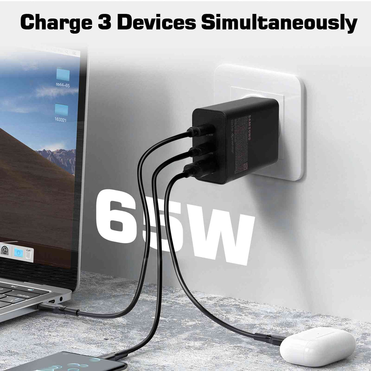 65W Fast Travel Charger with 3 Ports - USB & Dual USB-C - High-Speed Charging for Laptops, Phones vivo Y17/X27 Pro/S1 (China)/X27/iQOO iPhone,  Galaxy, Google Pixel, MacBook, Steam Deck