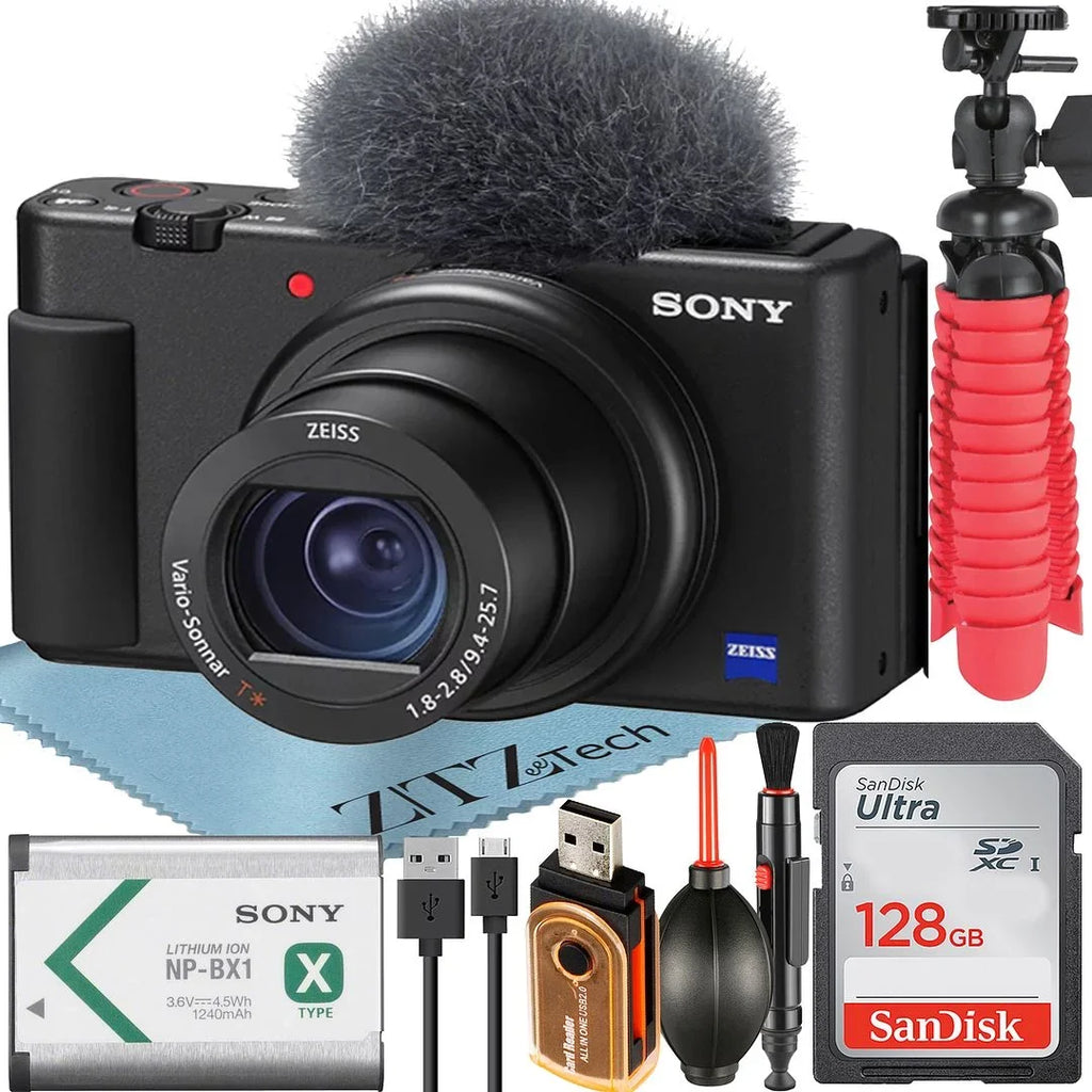 ZV-1F Vlogging Camera (Black) with SanDisk 128GB Memory Card + ZeeTech Accessory Bundle