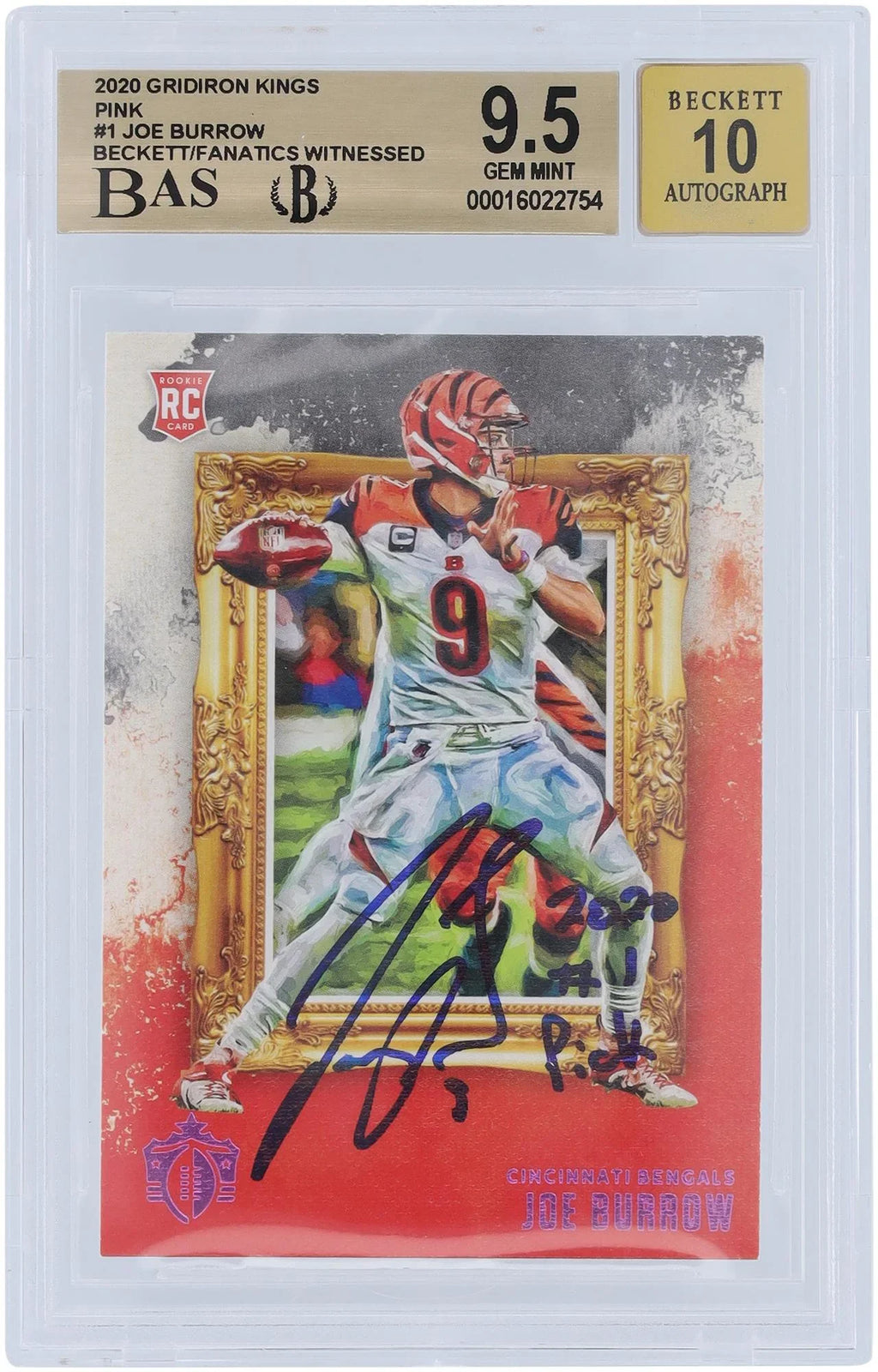 Joe Burrow Cincinnati Bengals Autographed 2020 Panini Gridiron Kings Pink #GK-1 Beckett Fanatics Witnessed Authenticated 9.5/10 Rookie Card - 9.5,9,9.5,10 Subgrades - Fanatics Authentic Certified