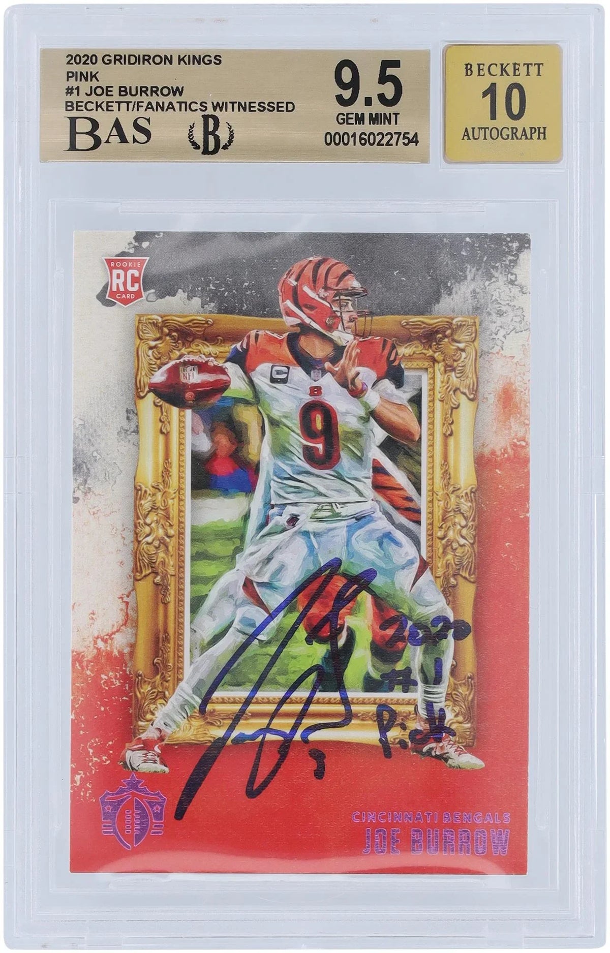 Joe Burrow Cincinnati Bengals Autographed 2020 Panini Gridiron Kings Pink #GK-1 Beckett Fanatics Witnessed Authenticated 9.5/10 Rookie Card - 9.5,9,9.5,10 Subgrades - Fanatics Authentic Certified