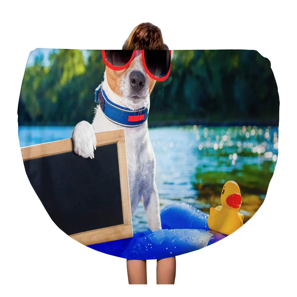 SIDONKU 60 inch Round Beach Towel Blanket Jack Russell Dog Sitting on Inflatable Mattress in moisture Travel Circle Circular Towels Mat Tapestry Beach Throw