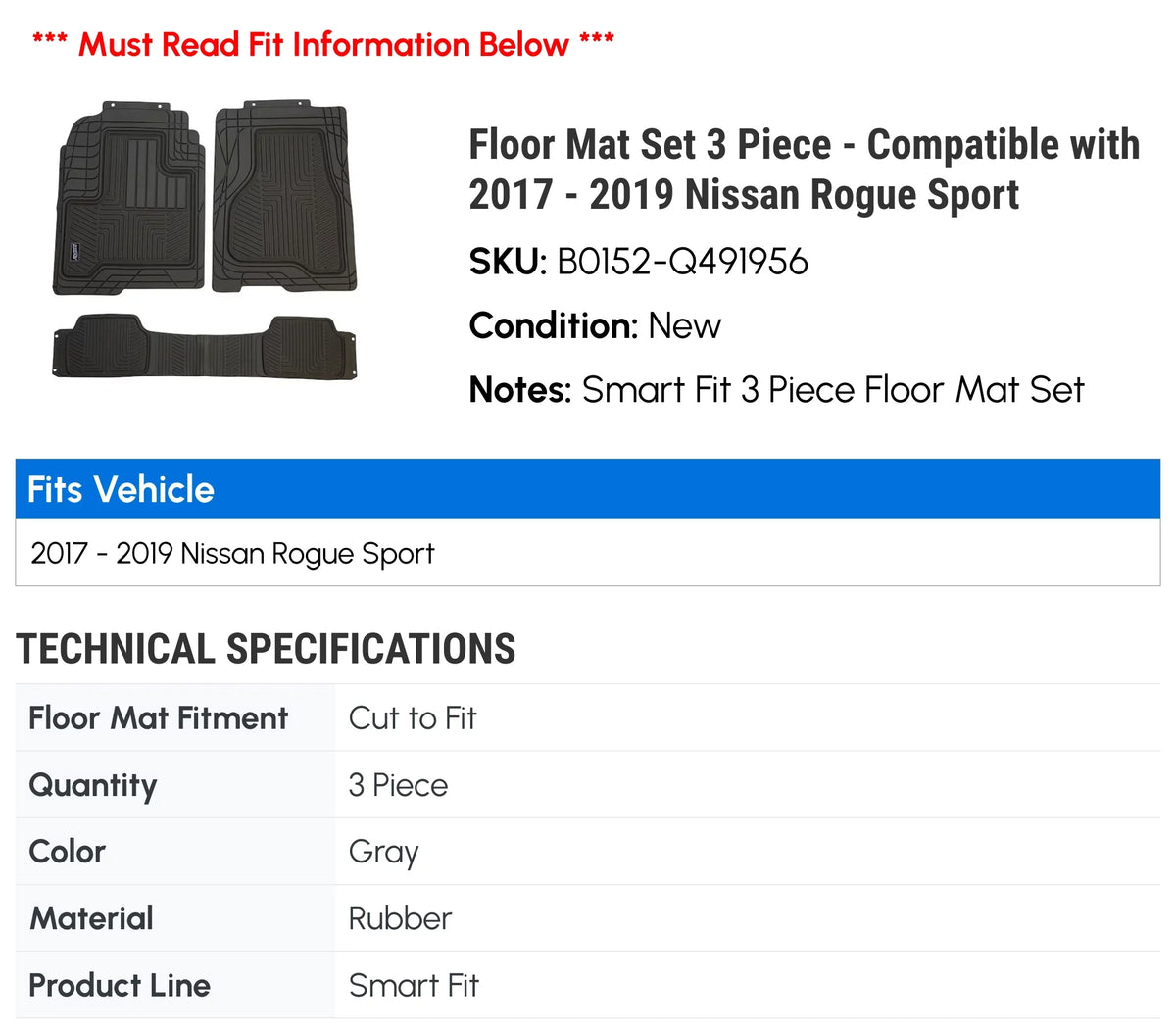 Floor Mat Set 3 Piece - matching with 2017 - 2019 Nissan Rogue Sport 2018