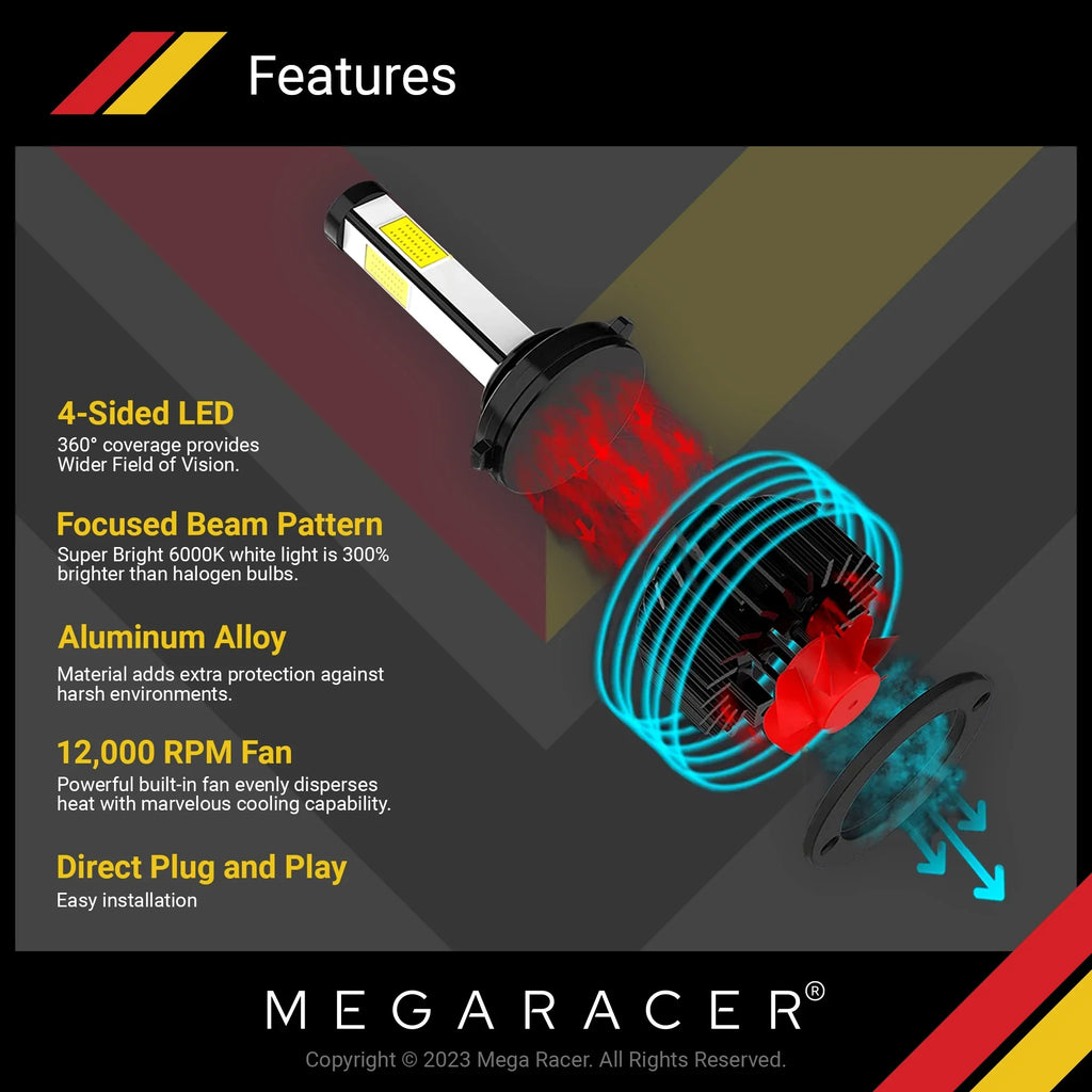 Mega Racer Dodge Durango 4 Sided H11 H9 H8 LED Headlight Bulbs 6000K Diamond White 12V 60W 10000LM Dodge Durango 2014 2015 2016 2017 2018 2019 13 14 15 16 17 18 19 Fog Light Automotive Replacement